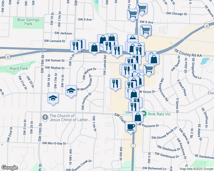 map of restaurants, bars, coffee shops, grocery stores, and more near 821 Highway 7 in Blue Springs