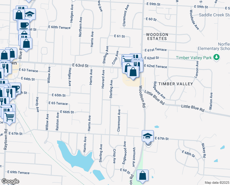 map of restaurants, bars, coffee shops, grocery stores, and more near 11201 East 64 Street in Raytown
