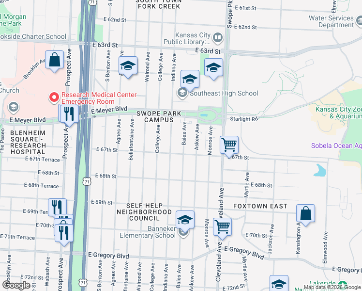 map of restaurants, bars, coffee shops, grocery stores, and more near 6636 Bales Avenue in Kansas City
