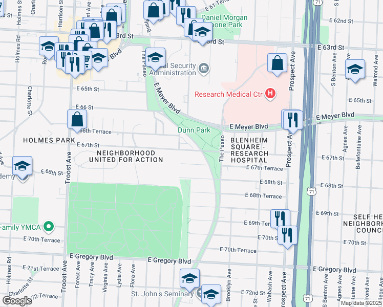 map of restaurants, bars, coffee shops, grocery stores, and more near 6664 The Paseo in Kansas City