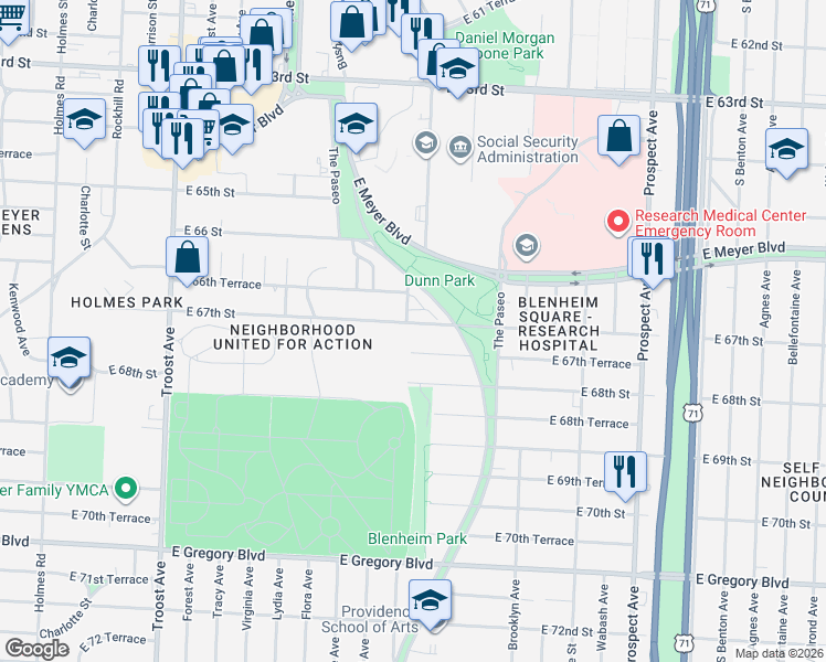 map of restaurants, bars, coffee shops, grocery stores, and more near 6658 Woodland Avenue in Kansas City