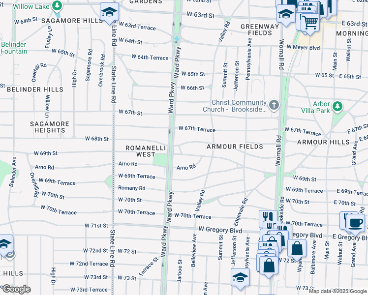 map of restaurants, bars, coffee shops, grocery stores, and more near 1022 West 68th Terrace in Kansas City
