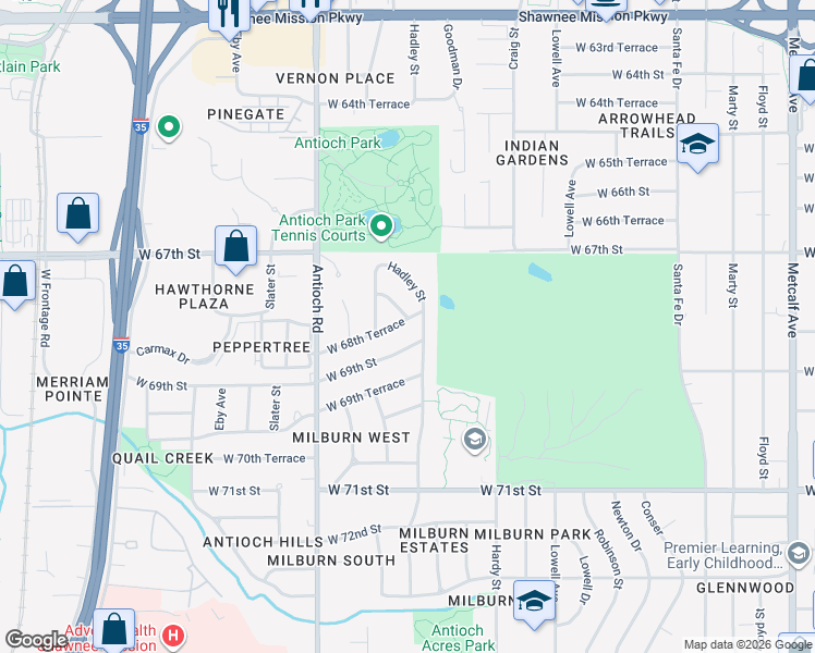 map of restaurants, bars, coffee shops, grocery stores, and more near 6731 Hadley Lane in Overland Park