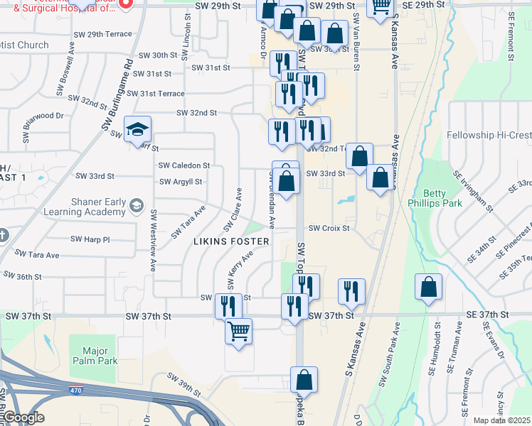 map of restaurants, bars, coffee shops, grocery stores, and more near 3393 Southwest Brendan Avenue in Topeka