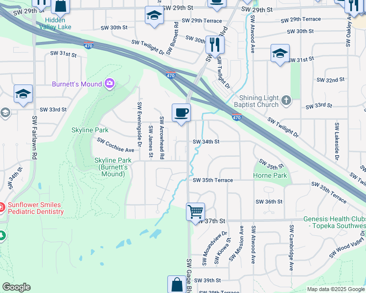 map of restaurants, bars, coffee shops, grocery stores, and more near 3341 Southwest Moundview Drive in Topeka