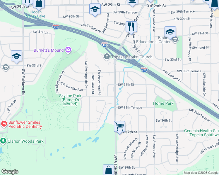 map of restaurants, bars, coffee shops, grocery stores, and more near 4420 Southwest 34th Street in Topeka