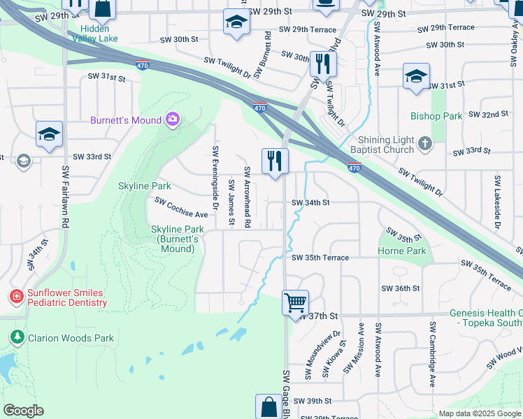 map of restaurants, bars, coffee shops, grocery stores, and more near 4420 Southwest 34th Street in Topeka