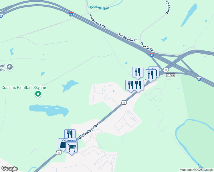 map of restaurants, bars, coffee shops, grocery stores, and more near Settlers Way in Strasburg