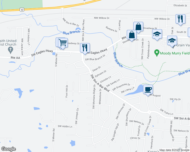 map of restaurants, bars, coffee shops, grocery stores, and more near 1138 Ephraim Drive in Grain Valley