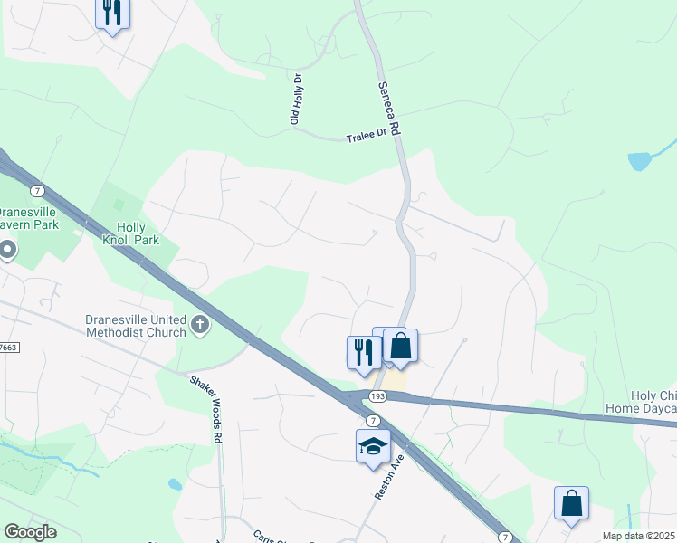 map of restaurants, bars, coffee shops, grocery stores, and more near 11522 Seneca Woods Court in Great Falls