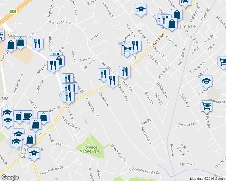 map of restaurants, bars, coffee shops, grocery stores, and more near 6415 Dixie Highway in Florence