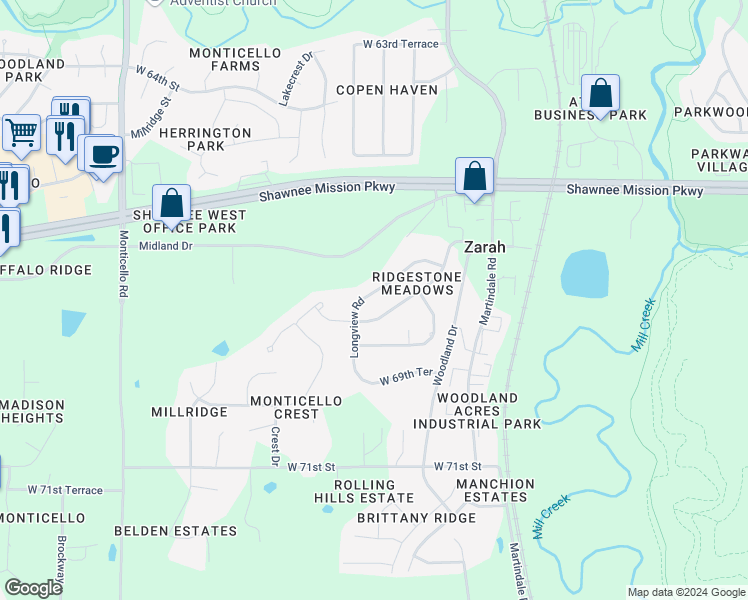 map of restaurants, bars, coffee shops, grocery stores, and more near 6744 Longview Road in Shawnee