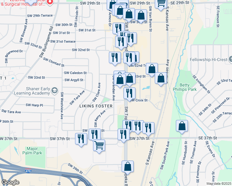 map of restaurants, bars, coffee shops, grocery stores, and more near 3393 Southwest Brendan Avenue in Topeka
