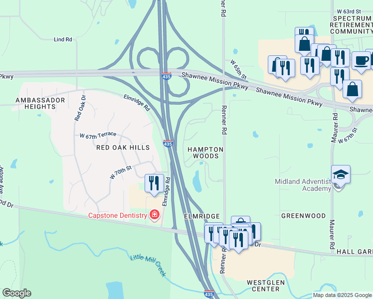 map of restaurants, bars, coffee shops, grocery stores, and more near 16955 West 68th Street in Shawnee