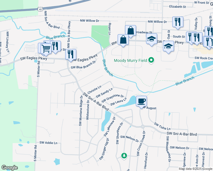 map of restaurants, bars, coffee shops, grocery stores, and more near 1014 Christie Lane in Grain Valley