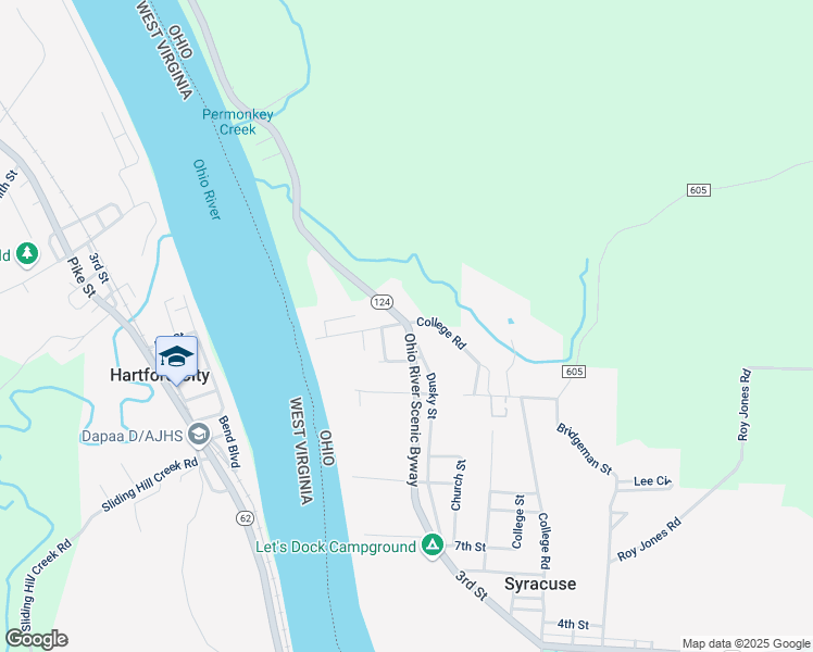 map of restaurants, bars, coffee shops, grocery stores, and more near 43742 Ohio 124 in Racine