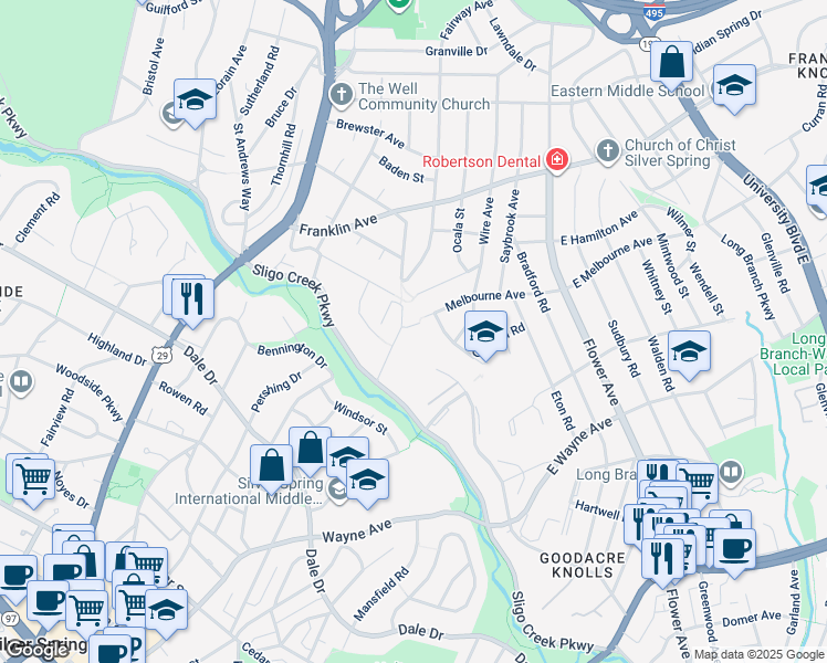 map of restaurants, bars, coffee shops, grocery stores, and more near 9219 Three Oaks Drive in Silver Spring