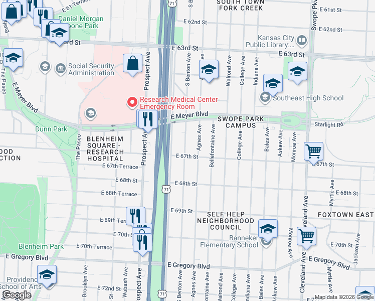 map of restaurants, bars, coffee shops, grocery stores, and more near 6637 South Benton Avenue in Kansas City