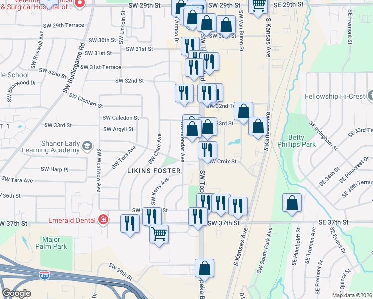 map of restaurants, bars, coffee shops, grocery stores, and more near 3393 Southwest Brendan Avenue in Topeka