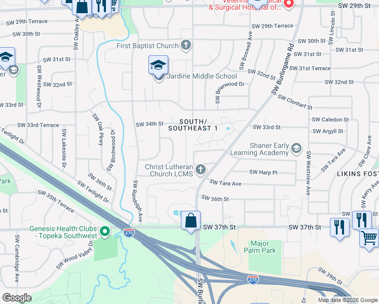 map of restaurants, bars, coffee shops, grocery stores, and more near 189-199 Southwest Pepper Tree Lane in Topeka