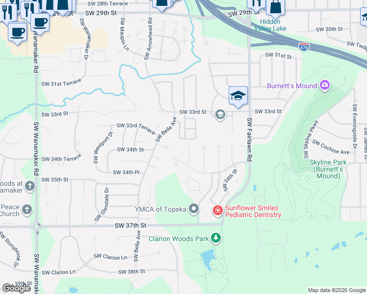 map of restaurants, bars, coffee shops, grocery stores, and more near 3344 Southwest Ventana Road in Topeka