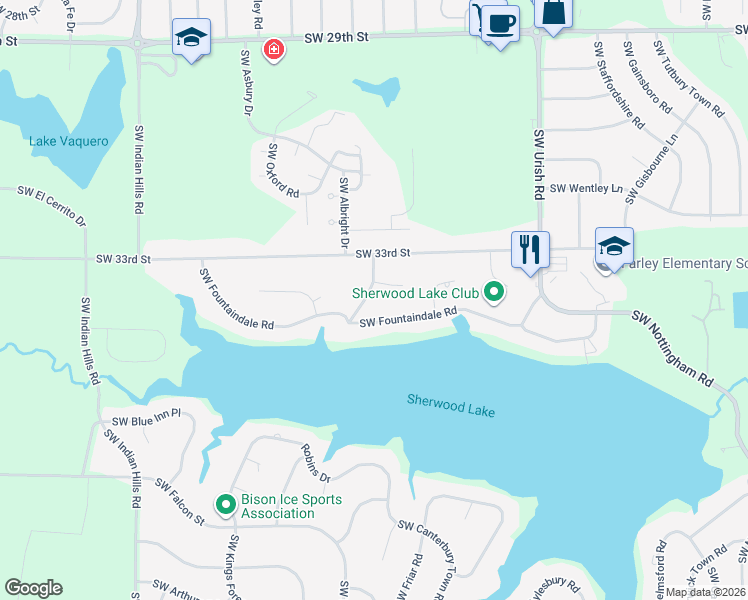 map of restaurants, bars, coffee shops, grocery stores, and more near 3319 Southwest Dukeries Road in Topeka