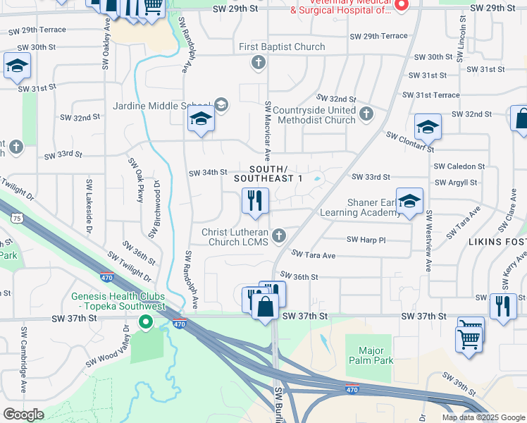 map of restaurants, bars, coffee shops, grocery stores, and more near 189-199 Southwest Pepper Tree Lane in Topeka