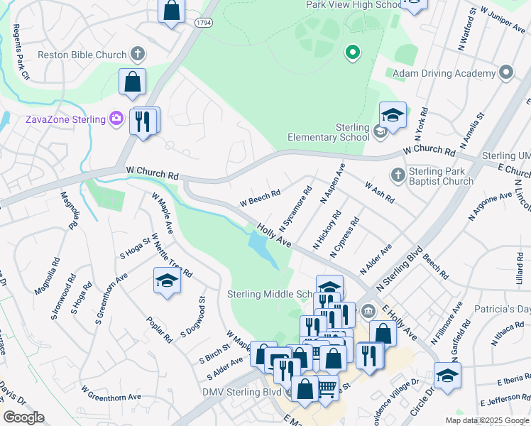 map of restaurants, bars, coffee shops, grocery stores, and more near 105 Sequoia Court in Sterling