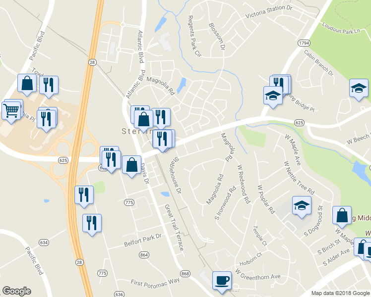 map of restaurants, bars, coffee shops, grocery stores, and more near 45555 Morgan Way in Sterling