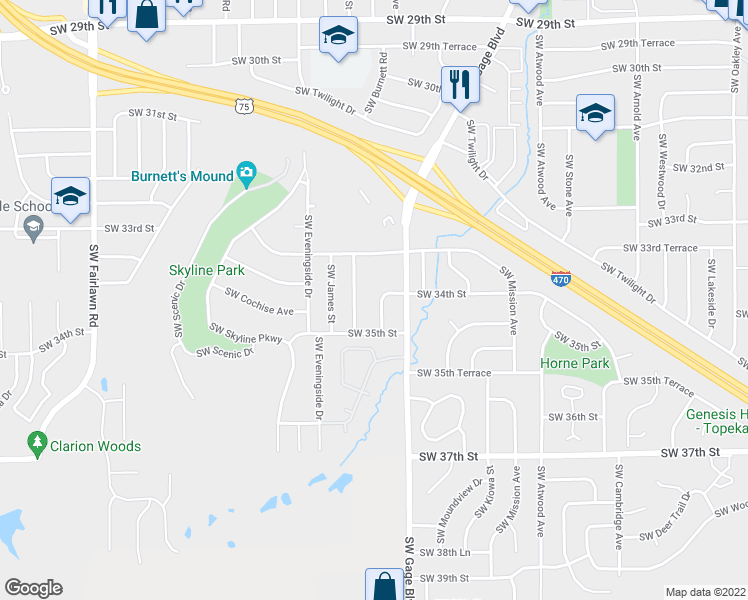 map of restaurants, bars, coffee shops, grocery stores, and more near 3401 Southwest Burnett Road in Topeka