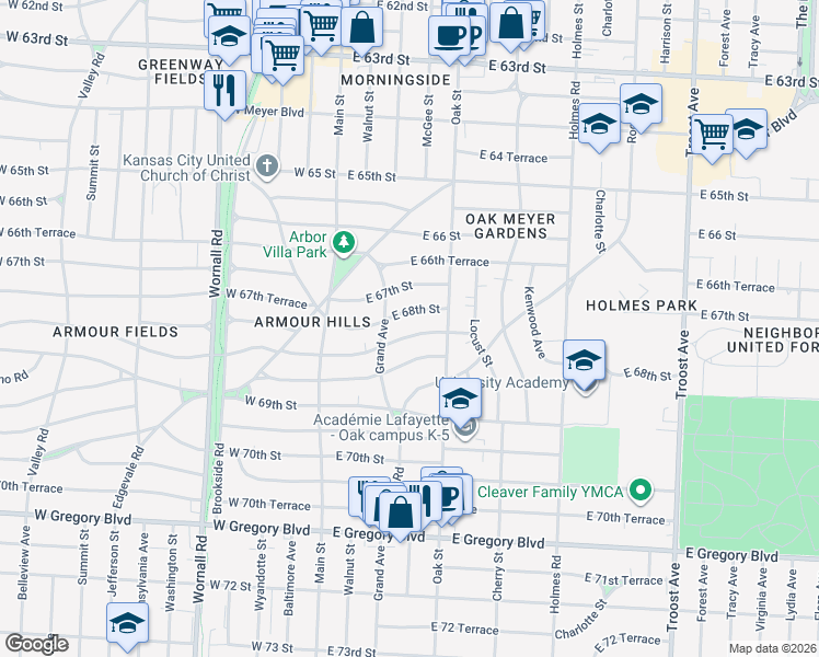 map of restaurants, bars, coffee shops, grocery stores, and more near 215 East 68th Street in Kansas City