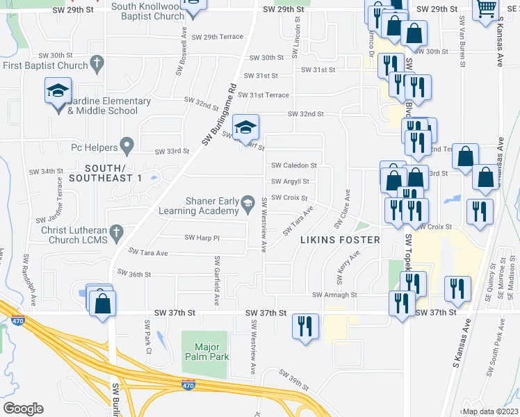 map of restaurants, bars, coffee shops, grocery stores, and more near 3423 Southwest Westview Avenue in Topeka