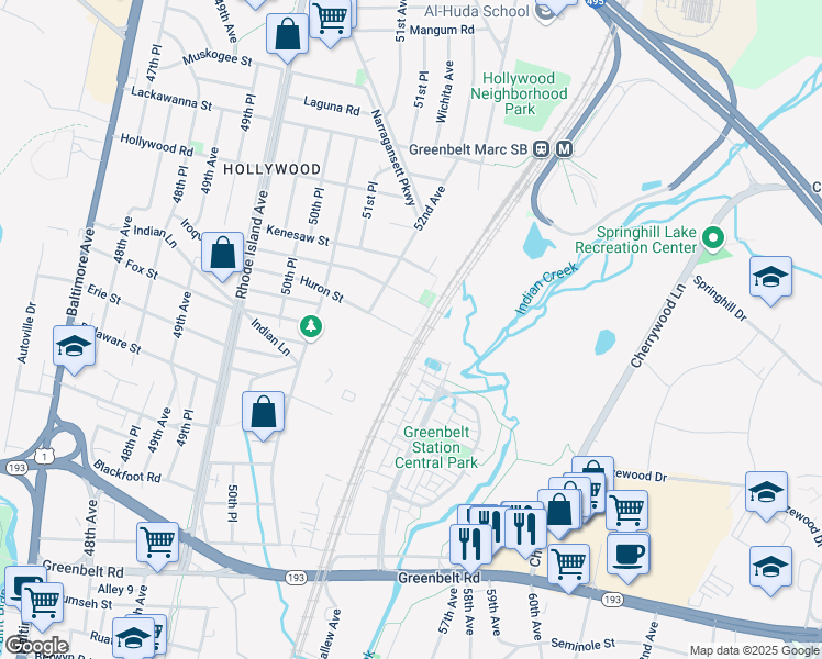 map of restaurants, bars, coffee shops, grocery stores, and more near 5216 Huron Street in College Park