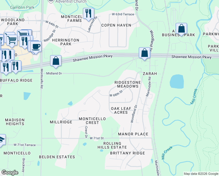 map of restaurants, bars, coffee shops, grocery stores, and more near 6760 Longview Road in Shawnee