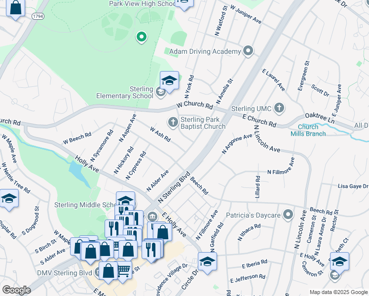 map of restaurants, bars, coffee shops, grocery stores, and more near 401 North Alder Avenue in Sterling