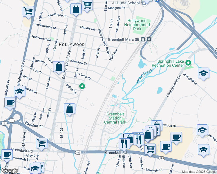 map of restaurants, bars, coffee shops, grocery stores, and more near 5216 Huron Street in College Park