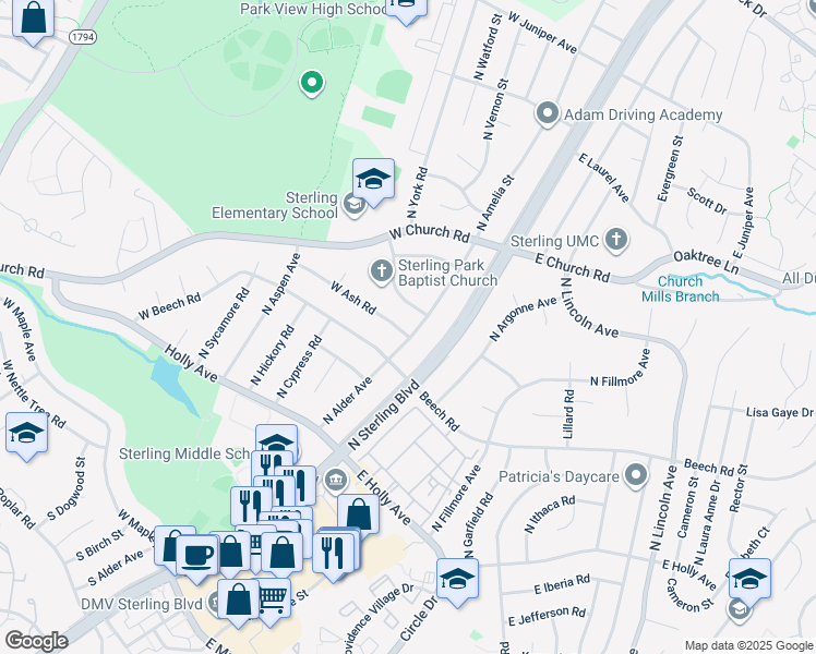 map of restaurants, bars, coffee shops, grocery stores, and more near 401 North Alder Avenue in Sterling