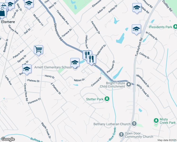 map of restaurants, bars, coffee shops, grocery stores, and more near 621 Stevenson Road in Erlanger