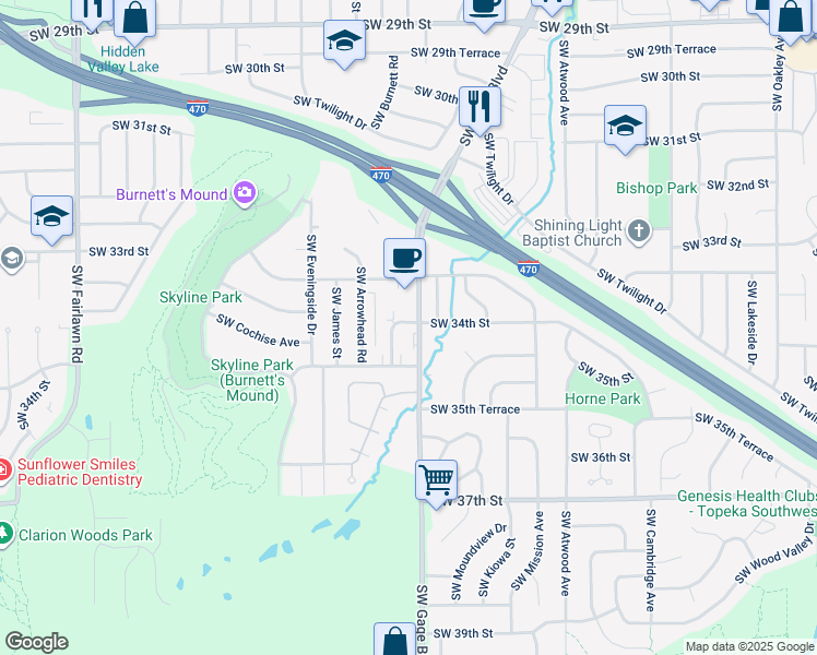 map of restaurants, bars, coffee shops, grocery stores, and more near 3341 Southwest Moundview Drive in Topeka