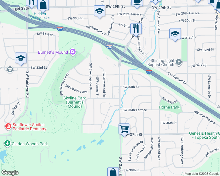 map of restaurants, bars, coffee shops, grocery stores, and more near 4420 Southwest 34th Street in Topeka