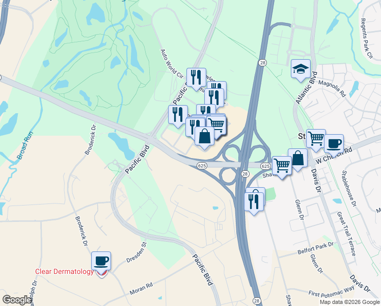 map of restaurants, bars, coffee shops, grocery stores, and more near 22045 Dulles Retail Plaza in Sterling