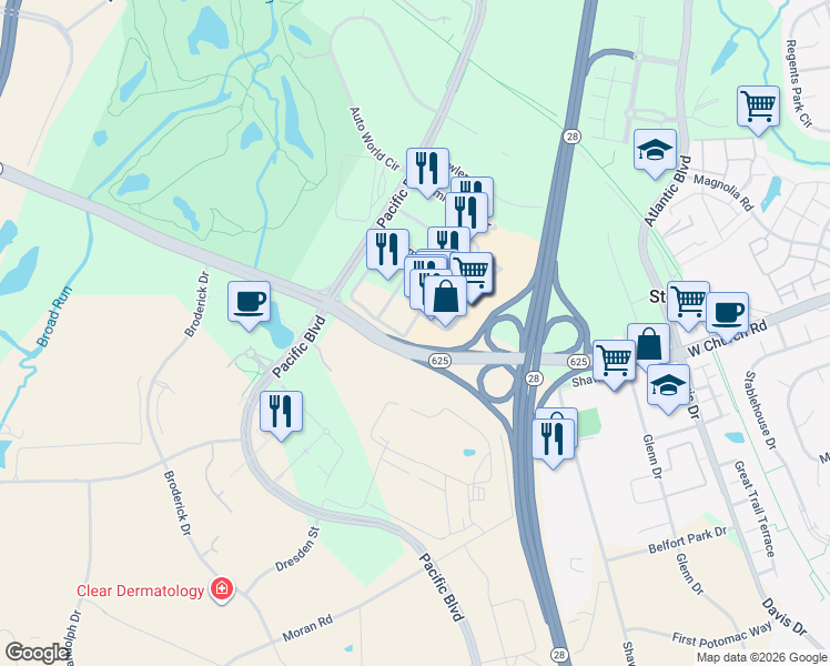 map of restaurants, bars, coffee shops, grocery stores, and more near 22045 Dulles Retail Plaza in Sterling