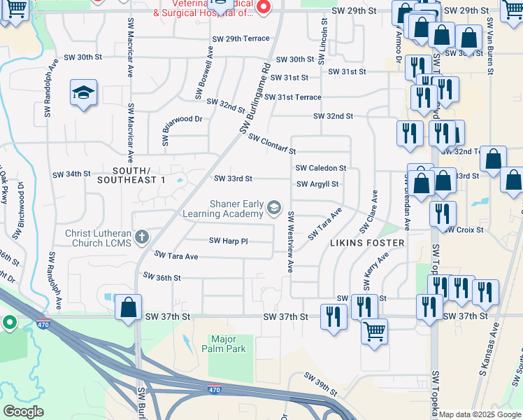 map of restaurants, bars, coffee shops, grocery stores, and more near 1600 Southwest 34th Street in Topeka