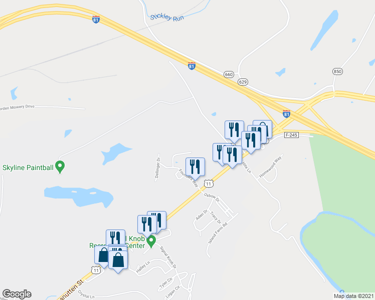 map of restaurants, bars, coffee shops, grocery stores, and more near 155 Settlers Way in Strasburg