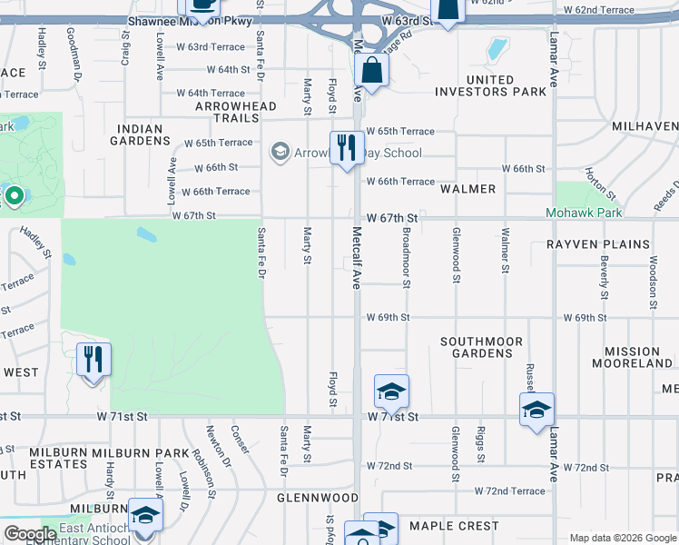 map of restaurants, bars, coffee shops, grocery stores, and more near 6801 Floyd Street in Overland Park