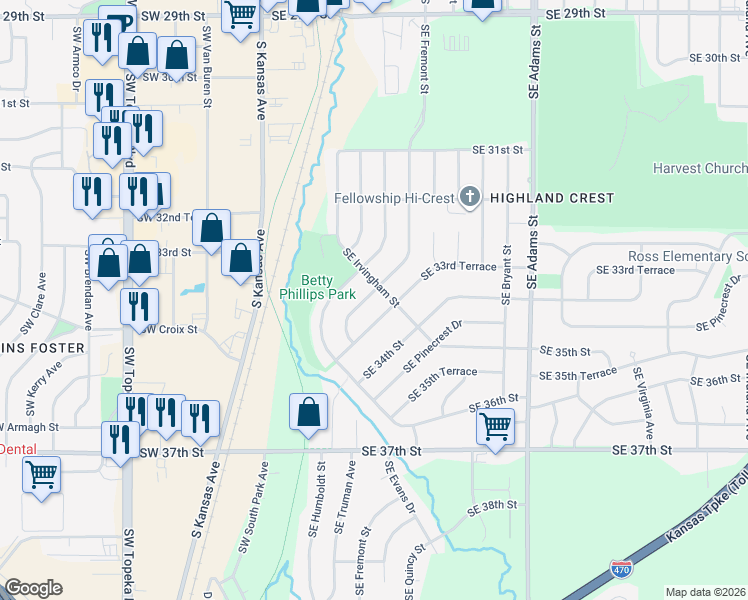 map of restaurants, bars, coffee shops, grocery stores, and more near 3353 Southeast Fremont Street in Topeka
