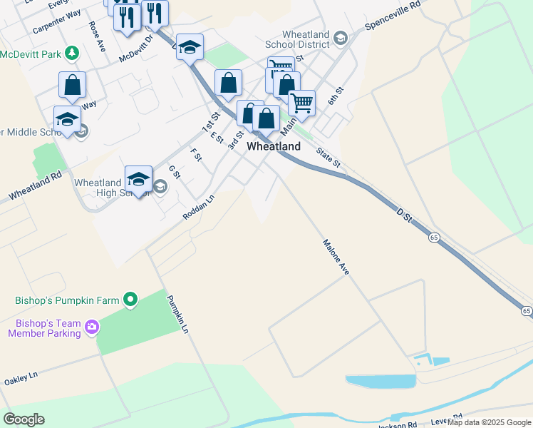 map of restaurants, bars, coffee shops, grocery stores, and more near 710 6th Street in Wheatland