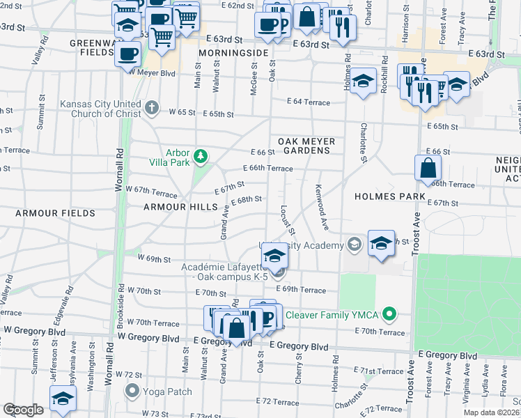 map of restaurants, bars, coffee shops, grocery stores, and more near 6723 Oak Street in Kansas City