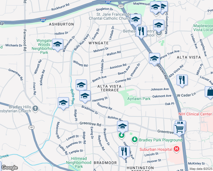 map of restaurants, bars, coffee shops, grocery stores, and more near 9107 Lindale Drive in Bethesda