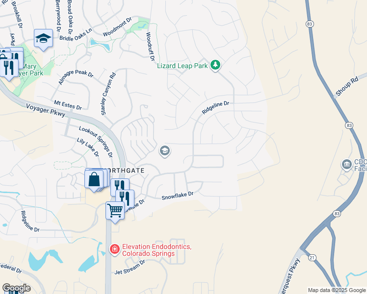 map of restaurants, bars, coffee shops, grocery stores, and more near 1977 Clayhouse Drive in Colorado Springs